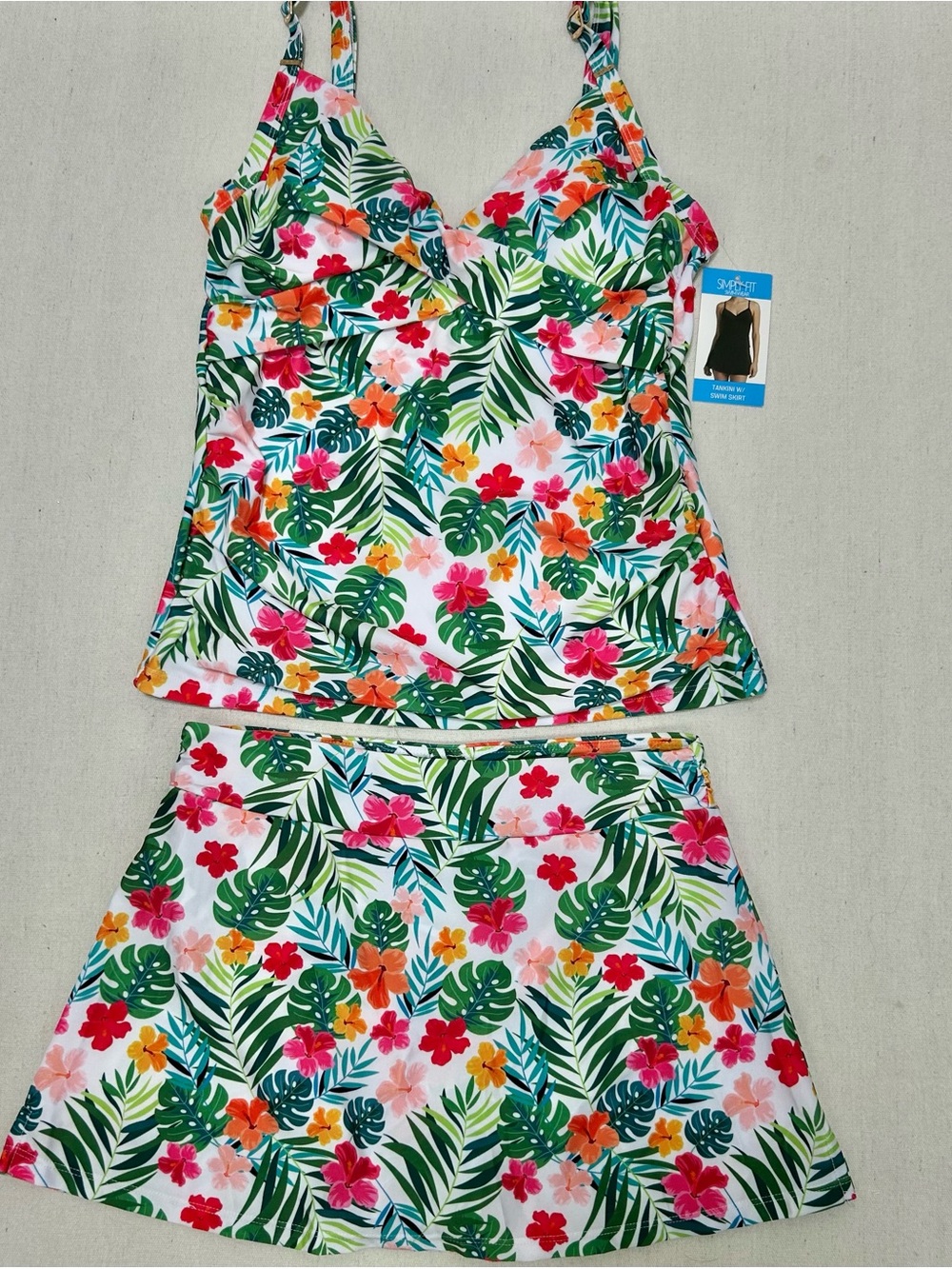 Simply Fit Tropical Floral Tankini Set - Green, Pink & Orange Size M